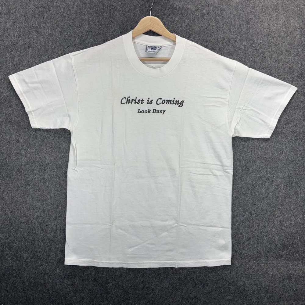 Christ is Coming Look Busy Vintage Shirt Mens Large White Short Sleeve 90s Humor